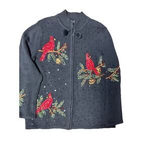 Quacker Factory Cardinal Christmas Sweater S Black Sequin Bird Holiday Cardigan
